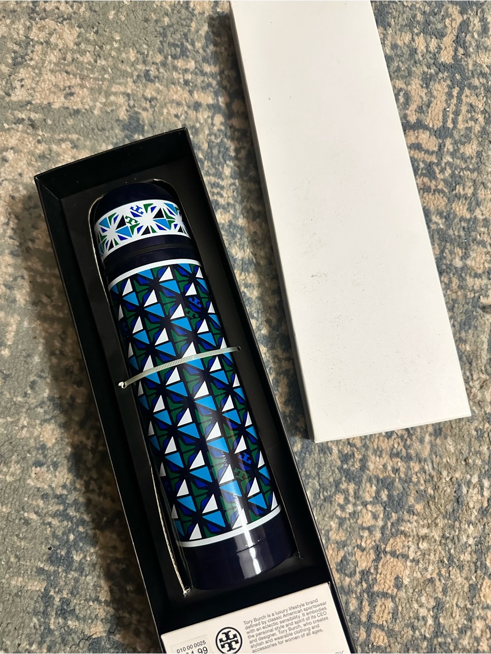 Tory Burch Blue Geometric Stainless Tumbler/Thermos - Brand New